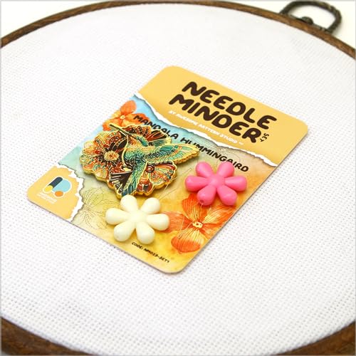 Awesome Pattern Studio Needle Minder Set - Mandala Hummingbird Magnetic Needle Minder + 2 Needle Threaders. Enamel Pin for Cross Stitch, Embroidery and Craft
