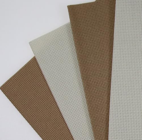 KCS 4 pc of 12" x 18"(30cmx45cm) 14CT Counted Cotton Aida Cloth Cross Stitch Fabric (Cream+Khaki) - color: Cream+khaki