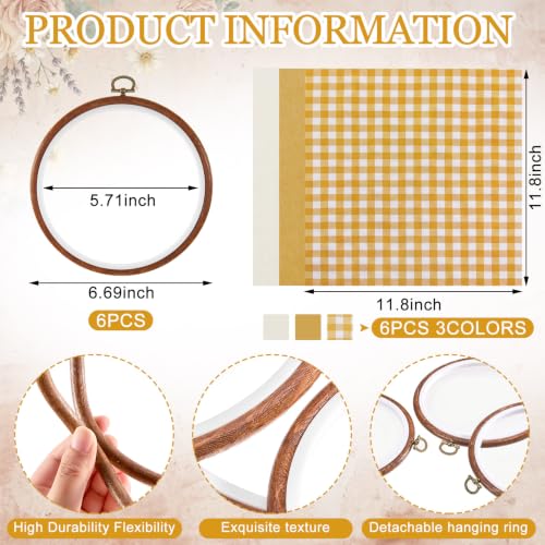 Tudomro 12 Pcs Decorative Embroidery Hoop with Fabric Set 6.7" Round Imitated Wood Cross Stitch Frame & 11.8" Yellow Pre-Cut Cloth Squares for DIY Art Craft Sewing Hanging Ornament - color: Mustard Brown