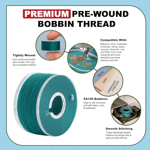 Mandala Crafts Teal 15J SA156 Prefilled Bobbin Thread, 144 PCs - color: Teal, size: Size A 144 X 142 Yards
