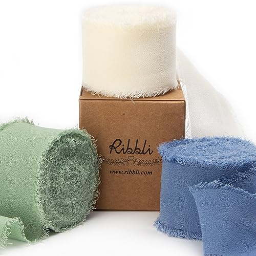 Ribbli Chiffon 1.5 Inch x 30 Yard Handmade Silk Ribbon - Ivory/Sage Green/Dusty Blue Fringe for Wedding Invitations, Bridal Bouquets, Wrapping, Flower Arrangement Decoration - color: Ivory/Sage Green/Dusty Blue