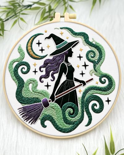 ERKOON Embroidery Kit for Beginners Adult, Cross Stitch Set Include Embroidery Cloth Hoops Threads for Craft Lover Hand Stitch with Embroidery Skill Techniques (Black Witch) - color: Black Witch