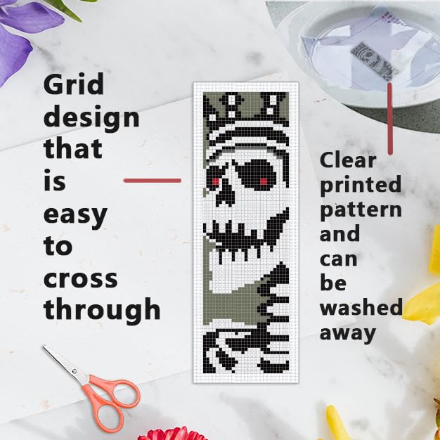 INFUNLY 6PCS Skull Theme Cross Stitch Kit for Beginners 8.5x3 DIY Bookmarks Cross Stitch Kits Black White Horror Embroidery Cross Stitch Kits with Backing Felt Floss Instruction for Book Lovers - style: 6PCS Skull Theme