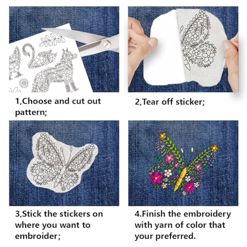 BENECREAT 4 Sheets 41pcs Flower Animals Water Soluble Hand Sewing Stabilizers, Flower Leaves Pattern Tear Away Embroidery Stabilizers for Embroidery, Carves, Shirts, Coats, Bags, Towels