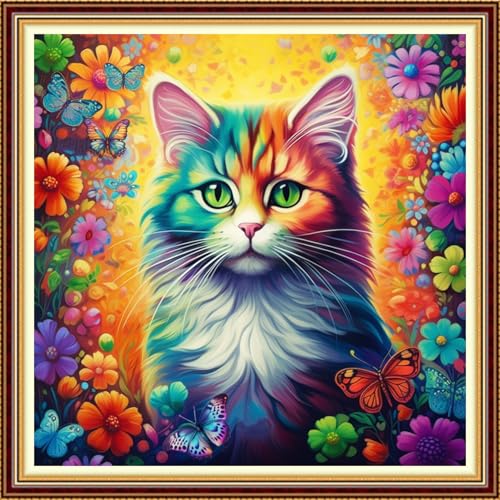 Funchey Stamped Cross Stitch Kits, DIY Cross Stitch Pattern for Adults Beginners Needlepoint Kits Embroidery Kit Arts and Crafts 11CT-Colorful Flower Cat 18x18 inch - color: Handicraft patterns02