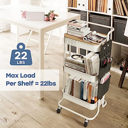DTK 3-Tier Rolling Cart with Table Top, Metal Utility Cart with Side Bags - color: White, size: Large