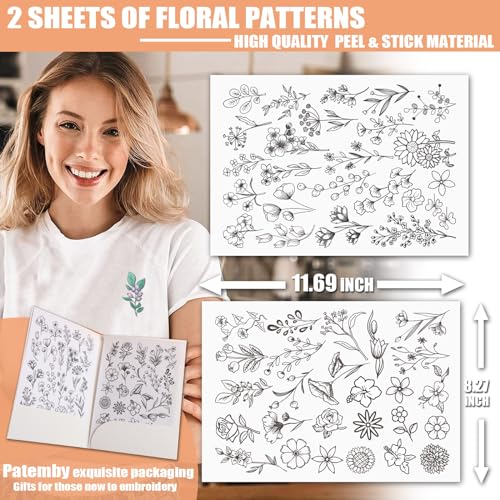Patemby 50Pcs Embroidery Pattern Water Soluble Embroidery Stabilizers, Stick and Stitch Embroidery Paper Wash Away with Pre-Printed Pattern Designs Stencils Transfers for Hand Sewing Lover Beginner - color: Flower