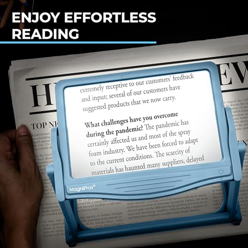 MagniPros 5X Large LED Hands-Free Full Page Magnifying Glass with Detachable Stand & 3 Color Light Modes to Reduce Eye Strain, Ideal for Reading Small Prints, Crafting, Low Vision & Seniors - color: Blue With Stand