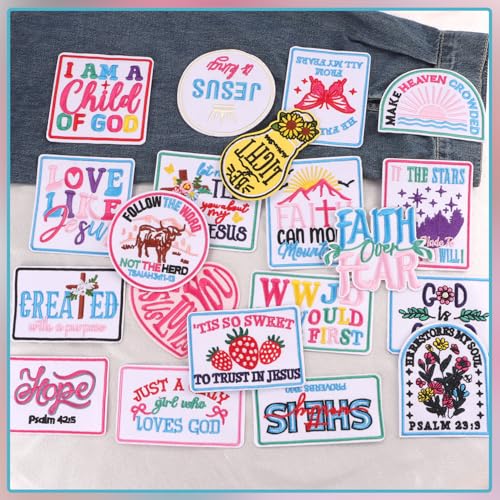 20Pcs Christian Iron on Patches for Clothes, Religious Jesus Bible Embroidered Applique, Christian Quotes Sew on Badge for Trucker Hat Backpack Jeans DIY Accessory - color: 20Pcs Christian