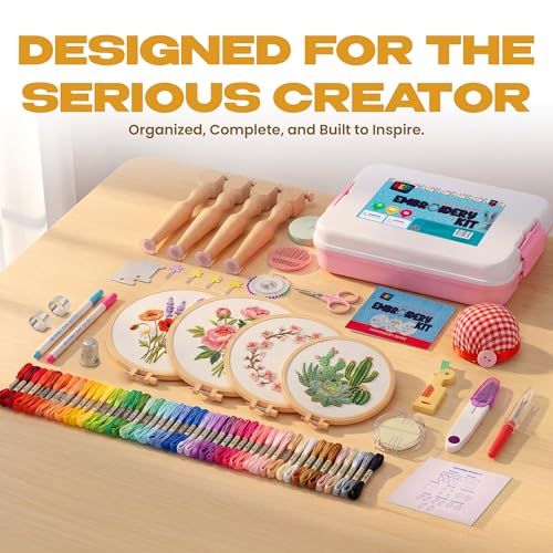 KEFF Craft Embroidery Kit for Beginners - 100 Embroidery Thread Colors, 4 Hoops, Scissors, Needles, Pins, Blank Fabrics & Tools – Cross Stitch Supplies, Cross Stitch Kits, Arts and Crafts for Adults