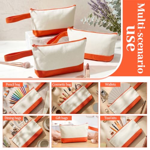 Silkfly 15 Pcs Cotton Canvas Makeup Bags Cosmetic Zipper Bags 10.2 x 5.5 x 2'' Blank DIY Pouch Bulk Pencil Case with Bottom Travel Toiletry Pouch for Women Craft Decor Gift (Beige and Orange) - color: Beige and Orange