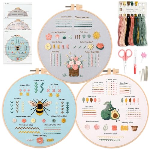 Myfelicity 3 Embroidery kit for Beginners, Beginner Embroidery Kit for Adults. Starter Kits to Learn 28 Different Stitches, Including Fabric with Prints, Threads, Needles, Hoop and Video tutorials… - color: 28 Stitch Kit