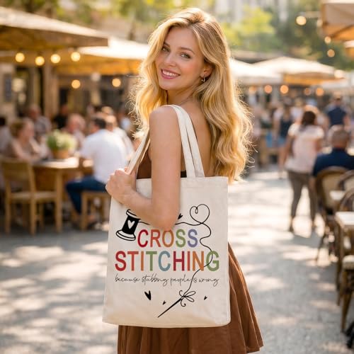 Cute Goose Crochet Canvas Tote Bag for Women - color: Cross Stitch