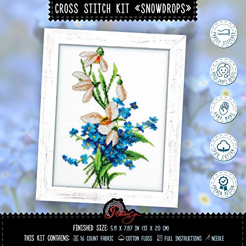 Povitrulya Spring Flowers Cross Stitch Kit “Snowdrops” | Embroidery Set with White Floral Pattern and 16 Count Aida Fabric - color: Snowdrops