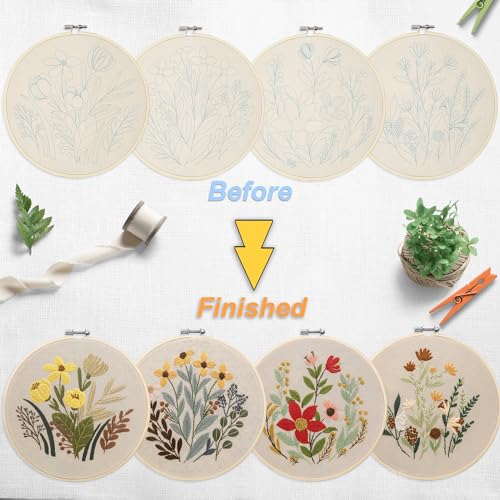 Bonroy 4 Sets Embroidery Set for Beginners, Art Craft, Easy Sewing, Includes Embroidery Clothing, Pattern, Embroidery Hoop, Instruction Manual, Colorful Thread Stitch Set (11) - color: flowers 11