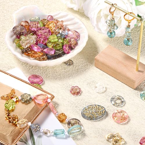 50-70 Pcs Cute Assorted Kawaii Aesthetic Beads Assorted Bohemia Acrylic Beads Heart Butterfly Flower Round Oval Czech Bead Bulk Metal Enlaced Transparent Aesthetic Bead for Jewelry Making DIY Craft
