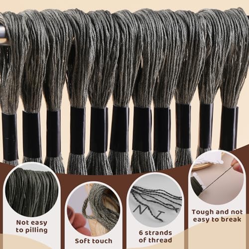 24 Skeins Embroidery Thread,Gray Embroidery Cross Floss, Embroidery Thread Floss Set with Plastic Floss Bobbins,Needle Threader, Hand Sewing Needle - color: Grey