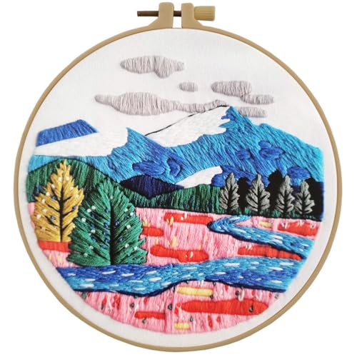 Esffaci Embroidery Starter Kit for Adult Beginner with Mountain Landscape Tree Flower Scenery Pattern Hand Embroidery Set with Embroidery Cloth Floss Hoop Needle Threader and Instruction - color: Scenery