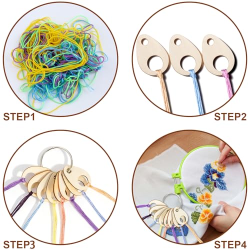 Nicunom 200 pcs Floss Drops Cross Stitch, Wood Bobbins with Hinged Ring Embroidery Floss Bobbins Teardrop Thread Organizer Thread Holder for DIY Craft Sewing Thread Storage, 1.9x1.3 inch