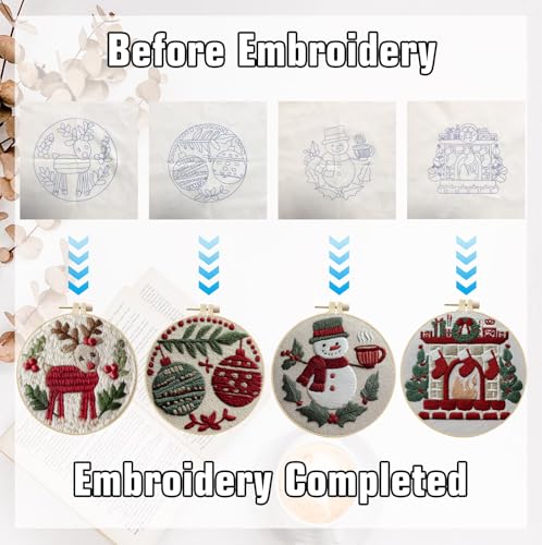 CanVrinxol 4 Sets Christmas Embroidery Kits for Adults Beginners, Cross Stitch Kits with Patterns, Hoops, Threads, Needles & Tools, DIY Craft Gift Ideas (Christmas Collection 1) - style: Christmas Collection 1