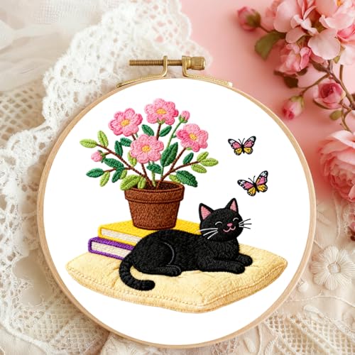 BEUNITONE 4 Set Embroidery Kit for Beginners, Daily Life of Cats Patterns Cross Stitch Kits, Needlepoint Kits for Adults with Hoop, Cute Hand Embroidery Patterns for Cloth and Home Decor - style: A-Cat-03