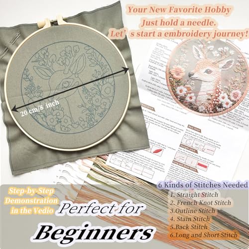 FONNUY Printed Deer and Floral Embroidery Kit with Hoop, Cross Stitch Kits for Beginners, Handmade Crafts, Easy to Follow Color Thread Needlework, 8'' Hoop (Deer and Blossoms) - color: Deer and Blossoms