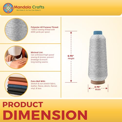 Mandala Crafts 150D/2 Metallic Silver Polyester Serger Threads, 4 Cones - color: Metallic Silver, size: Pack of 4 150D/2