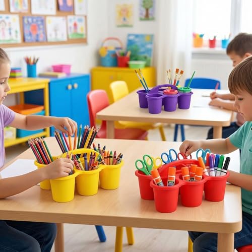 TOPZEA 3 Pack Classroom Caddy Organizer with Handle, 6 Compartments Plastic Table Caddy Drink Cups Holder Caddies Desk Organizer Basket for School & Art Supplies, Pencil, Crayon, Crafts, Home Office