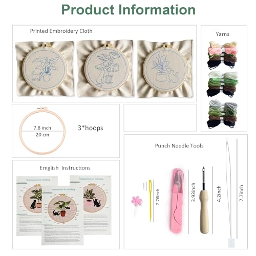 Myfelicity Punch Needle Kit for Adults, Beginners, Cat and Greenery Patterns, Includes Punching Needle Supplies - color: Cat