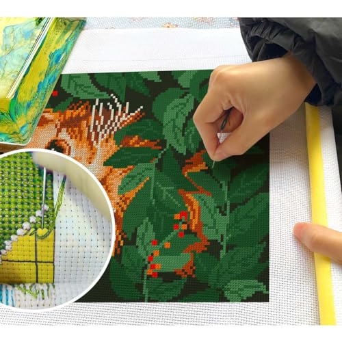 Zhenqing Orange Cat Stamped Cross Stitch Kit for Beginners, 11CT Printed Full Coverage Ginger Kitten in Green Leaves Pattern, 28 x 38 cm DIY Animal Embroidery Needlework Set, No Hoop Needed - color: Hidden Garden Cat