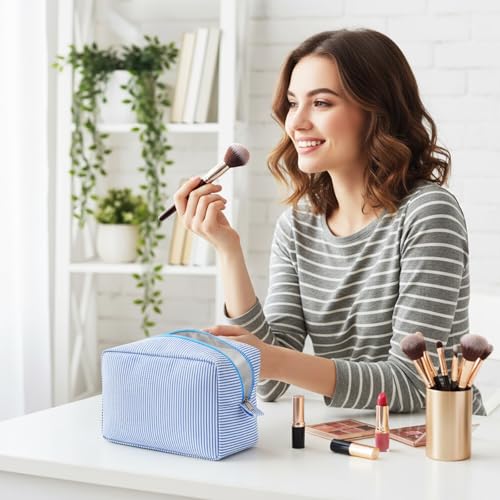 Sanwuta 3 Pcs Seersucker Makeup Bags Seersucker Cosmetic Bags Striped Women Large Travel Toiletry Organizer Preppy Storage Pouch for Embroidery Wedding Bridesmaid Gifts(Light Blue) - color: Light Blue