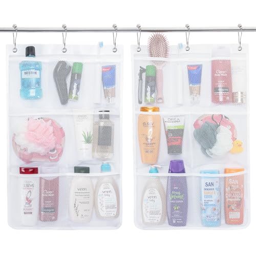 Lifewit Cruise Essentials Shower Caddy Must-Have, 7 Pockets Hanging Bathroom Organizer with Quick-Dry Mesh, Portable Shower Bag to Storage Soap, Shampoo, for RVing, Travel, Camping, White, 2 Packs - size: 17" x 25.6"