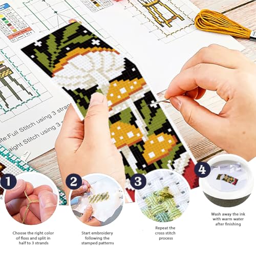 ACRNIGHEET 6PCS Cross Stitch Bookmark Kit for Beginner Stamped Cross Stitch Kits for Adults Mushroom DIY Tassel Embroidery Bookmark Kits Needlepoint Kit with Instructions Craft Gift 8.5''x3'' 11CT - style: Mushroon Animals with Tassel