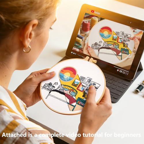 Embroidery Kits for Beginners Adults Sunrise Hand Embroidery Starter Kits, Cross Stitch Kits for Beginners DIY Craft Kits for Adults Women, Entire Set of Embroidery Supplies Full-length Video Tutorial - color: H2066