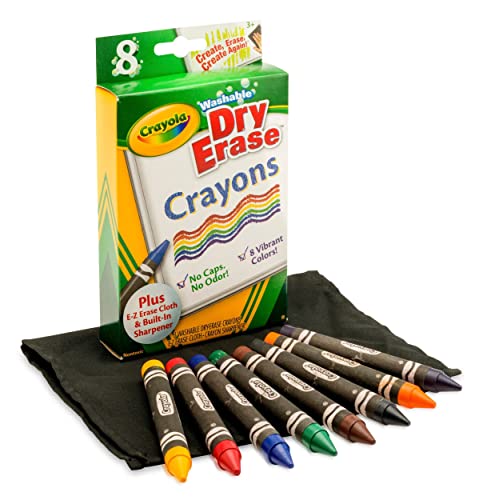 Crayola Washable Dry Erase Crayons for Kids 8ct with Eraser & Sharpener