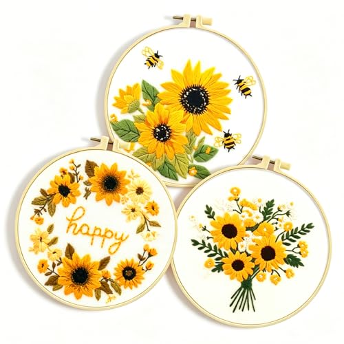 Zhenqing Sunflower Embroidery Kit 3 Designs | 11.4"x11.4" Beginner-Friendly Hand Embroidery Set with Hoop & DMC Threads | DIY Home Wall Decor, Mindful Gift for Mothers Day C0005 - color: C0005