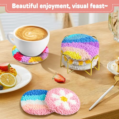 AIRDEA Punch Needle Drink Coasters Kit,Casual Punch Needle Embroidery Complete Kits for Beginner 3.29x3.29 Inches,Included All Accessories,DIY Car Coasters (Pink) - color: pink