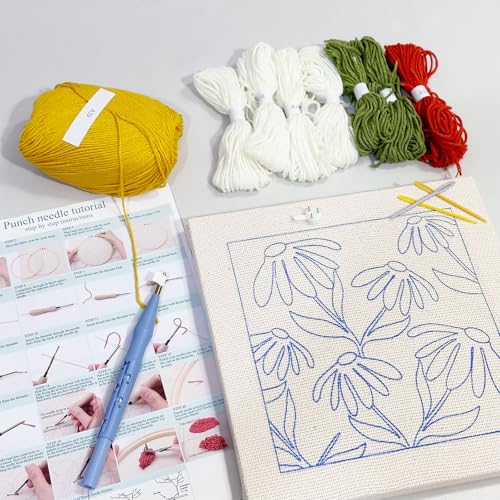 Allazone Punch Needle Starter Kit - Square Frame with Flower Pattern, Hoop, Yarns, Punch Needle (Orange and White) - color: Orange and White