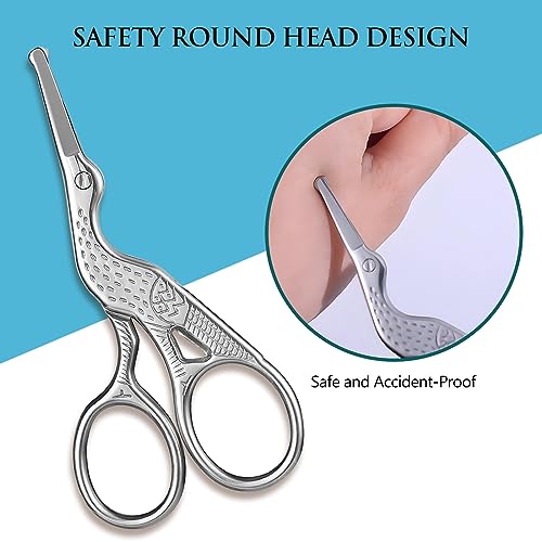 2-Pack Curved & Rounded Stork Scissors, Stainless Steel Professional Beauty Grooming Scissors for Eyebrows, Facial Hair, Dry Skin, Nose Hair.