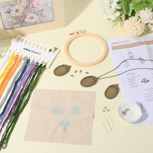 SUNNYCLUE DIY 3 Sets Embroidery Necklace Kits Embroidery Necklace Pendant with Paper Instructions Flower Pattern Cloth Thread Needle Hoops Mini Cross Stitch Kit for Beginner Starter Adult handmde Gift - style: Flower 4