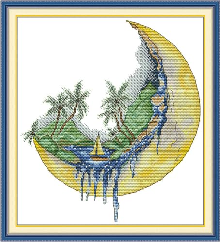 Aiorkeng Cross Stitch Kits Stamped Full Range of Embroidery Starter Kits for Adults Beginners DIY 11CT 3 Strands -Printed kit Sailing on the Moon(Printed) 15.4×16.5 inches - color: Sailing on the Moon39×42cm