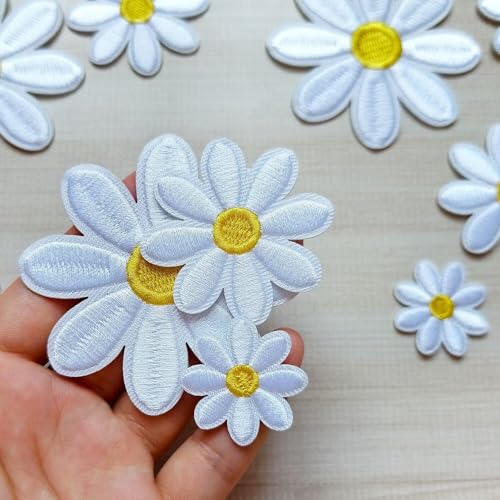 24pcs Daisy Flower Iron on Patches White, 3 Sizes Floral Embroidered Patches Applique for Clothes Hats Jeans Jacket - color: White Daisy