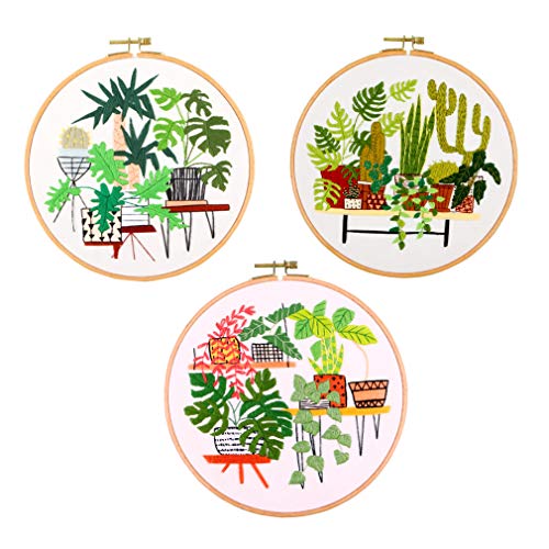 SUQUUB 3 Sets Embroidery Starter Kit with Pattern and Instructions,Cross Stitch Beginner Kits with Frame,3 Plastic Embroidery Hoops,3 Embroidery Clothes and Color Threads (3 X Plant Pattern) - color: 3 X plant pattern