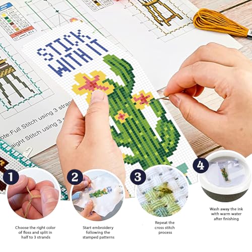 FREEBLOSS 6 Set Cross Stitch Bookmark Kits Cactus Potted Plant Pattern Stamped Cross Stitch Kit 11CT Embroidery Kit with Instructions for Beginners 20x6cm/8x2.4inch - style: Cactus Text