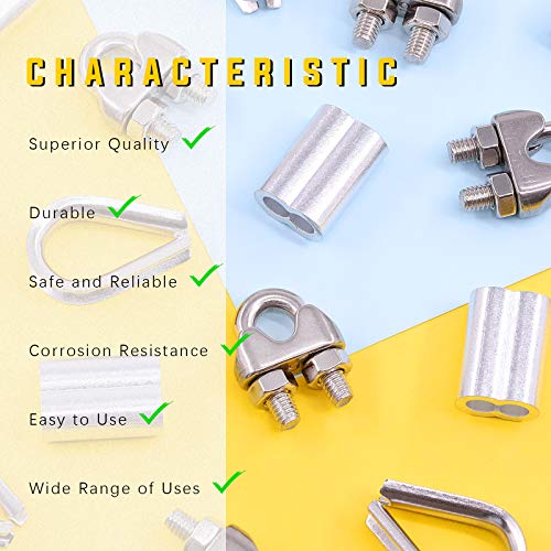 Swpeet 24Pcs M8 (5/16") Wire Rope Accessory Set, Included M8 Wire Rope Cable Clip Clamp, M8 Stainless Steel Thimble, 4mm Aluminum Crimping Loop Sleeve Perfect for 1/8 inch Wire Rope Cable (M8) - size: M8