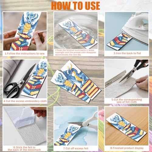 FREEBLOSS 6 Set Cross Stitch Bookmark Kit for Beginner Adults Dragon Stamped Embroidery Bookmark Kits Cross Stitch Kits with Instruction Bookmarks Making Kit for Book Lovers 8x2.4in/20x6cm - style: Loong