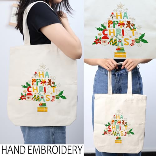 Canvas Tote Bag Embroidery Kit with Pattern for Beginners, Arts and DIY Embroidery Crafts Kits for Adults, Instructions, Thimble, Embroidery Hoops, Color Threads (Beige, CR002 Christmas Tree) - color: CR002 Christmas tree