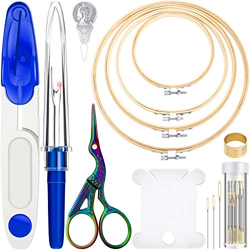 Mudder 53 Pcs Cross Stitch Kit with Embroidery Hoop Bamboo Needles,Blue - color: Blue