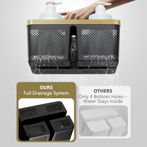 BYUNER Shower Caddy Dorm Men: Plastic Bathroom Caddy Organizer with Handle and Holes, Bath Caddy for College Dorm, Portable Shower Basket Tote for Toiletry, Travel, GYM, Camp Essentials Black/Gold - color: Black/Gold