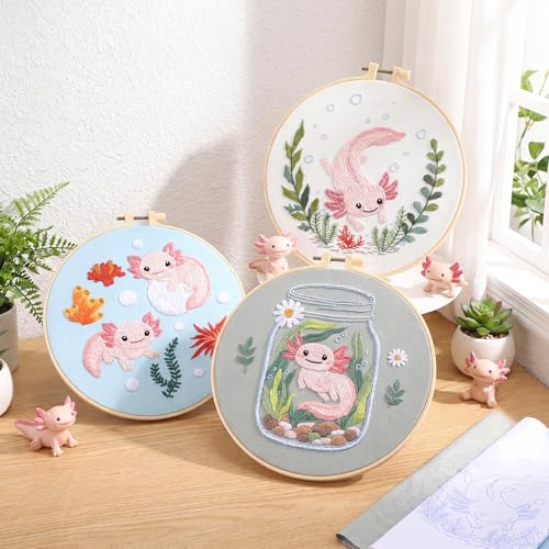 Mindsoft 3 Set Needlepoint Kit for Beginners with Hoop,Axolotl - style: Axolotl